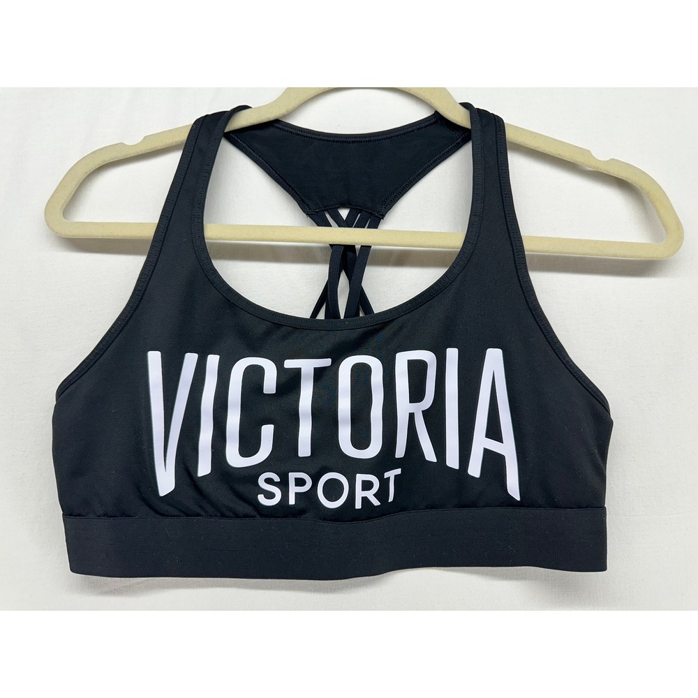 Victoria Sport Racerback Sports Bra Black Logo Strappy Back Large